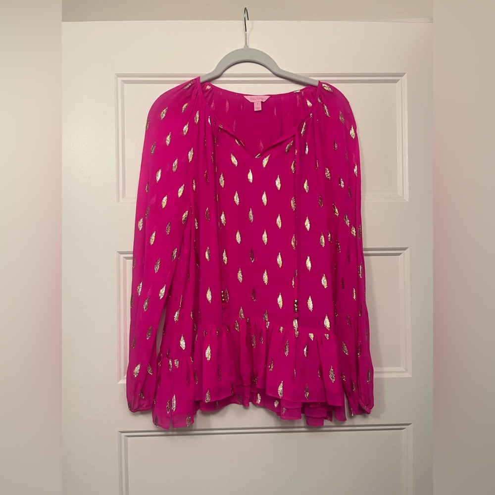 Lilly Pulitzer Hot Pink Blouse with Gold Stitched Accents
